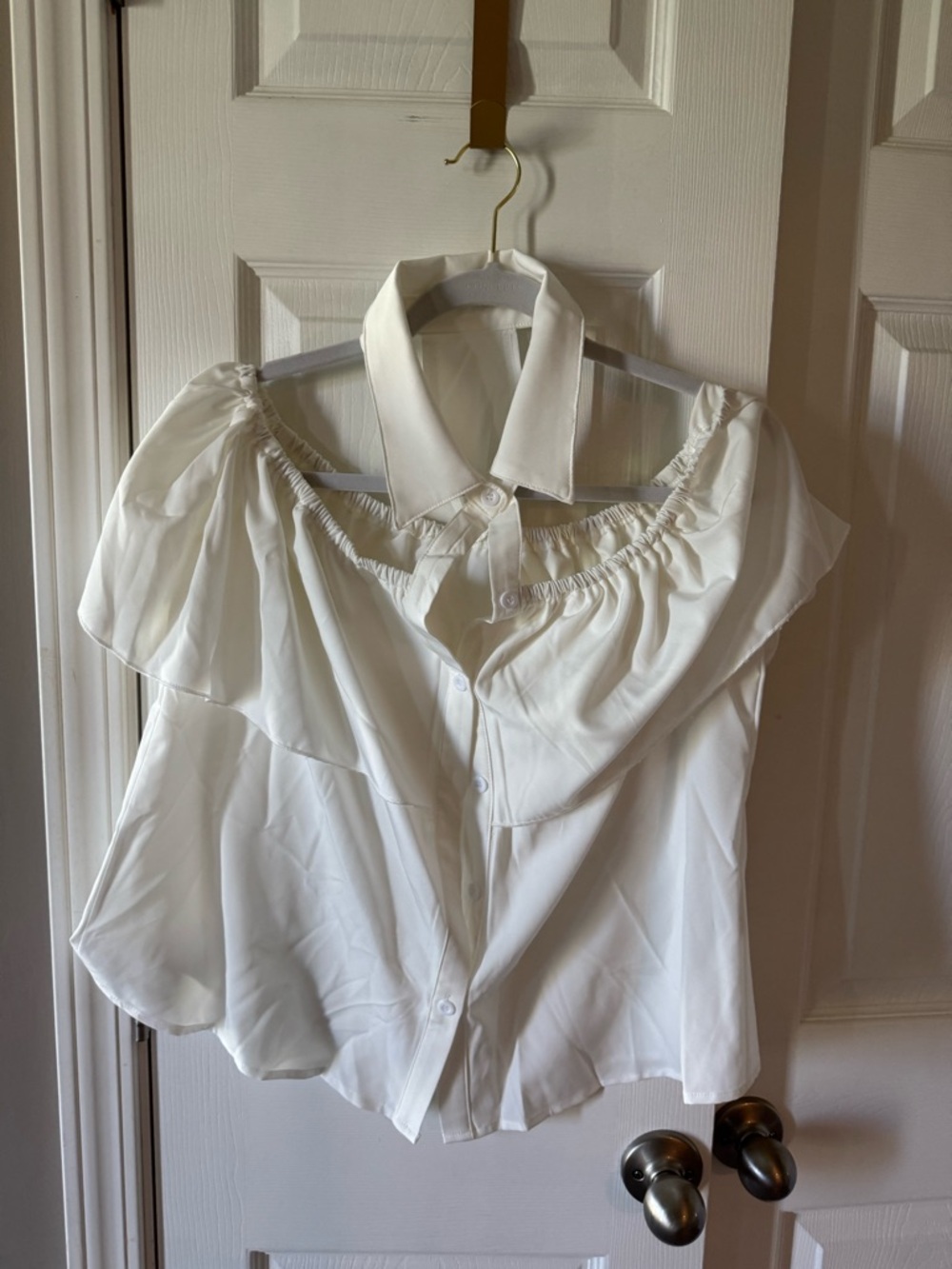 Windsor White Off-Shoulder Ruffle Button-Down Blouse